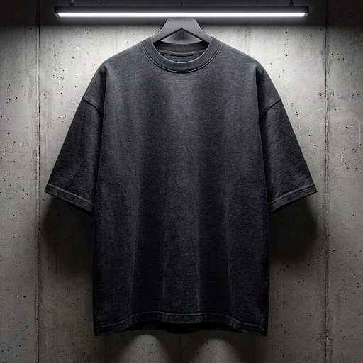 Carbon Long Tee สีดำคาร์บอน แขวนบนราวในสตูดิโอผนังปูน