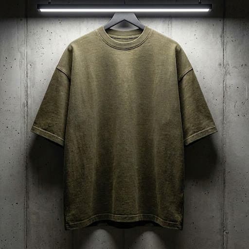 Olive Drab Boxy สีเขียวขี้ม้า แขวนบนราวในสตูดิโอผนังปูน