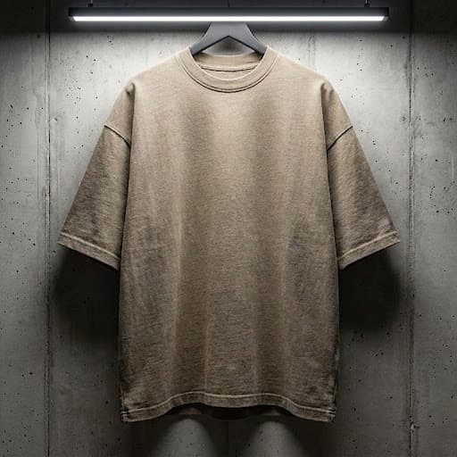 Sandstone Drop-Shoulder สีทรายอ่อน แขวนบนราวในสตูดิโอผนังปูน