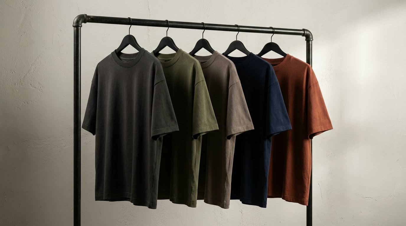 เสื้อยืด oversize 5 สี เทาเข้ม เขียวขี้ม้า น้ำตาล กรมท่า ดินเผา แขวนเรียงบนราวเหล็กหน้าผนังปูน